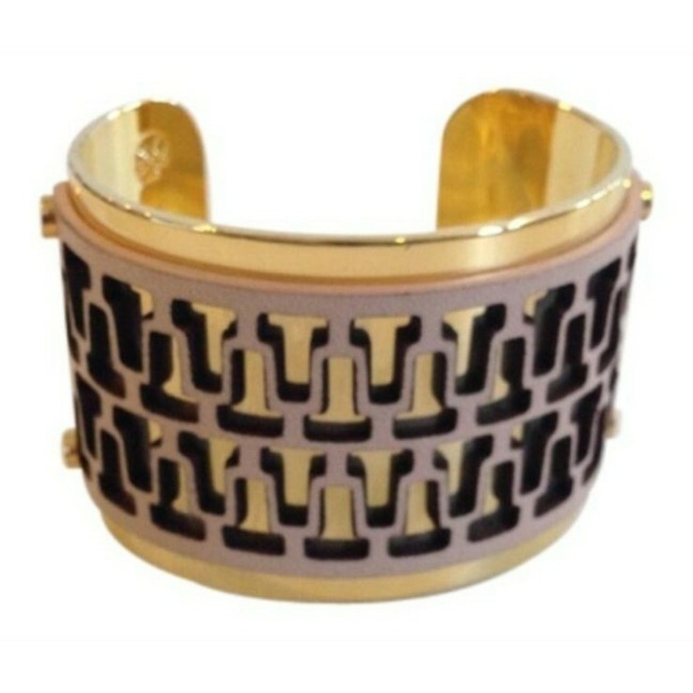 Tory Burch T-Perforated Leather Gold Tone Cuff Bracelet‎ Sahara